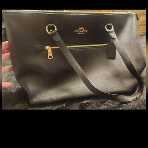 Coach Black Leather Tote with Gold Accents